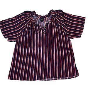Mod lusiv Womens L Striped Blouse Red & Blue Short Sleeve Ruffle Neck Tie 1865